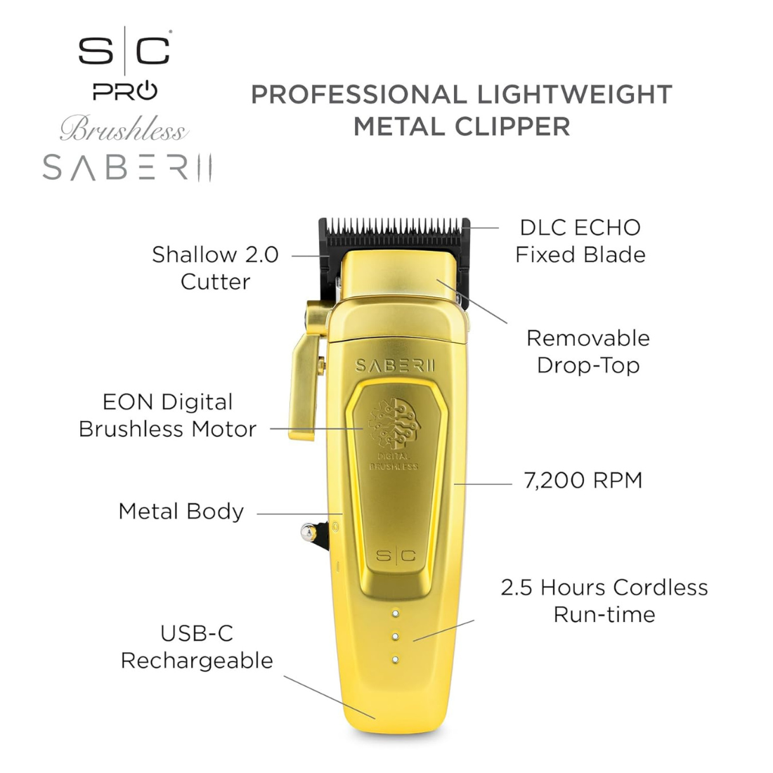 Saber 2 Professional Clipper - Cordless High-Torque Brushless Motor Hair Clipper (Gold)